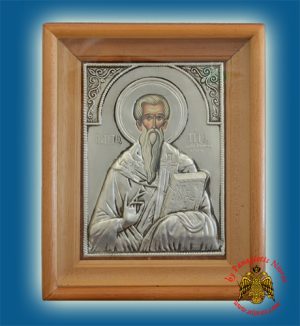 Μεταλλική εικόνα του Αγίου Τίτου σε ξύλινη κορνίζα και τζάμι 15x19 εκ