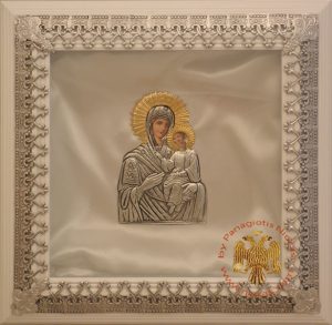 Orthodox Style Wedding Crown Case With Holy Theotokos Icon Square White Lacquered Nickel Decorations 