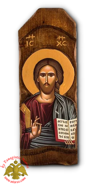 Antique Holy Christ Blessing Icon in Carved Shape Natural Wood
