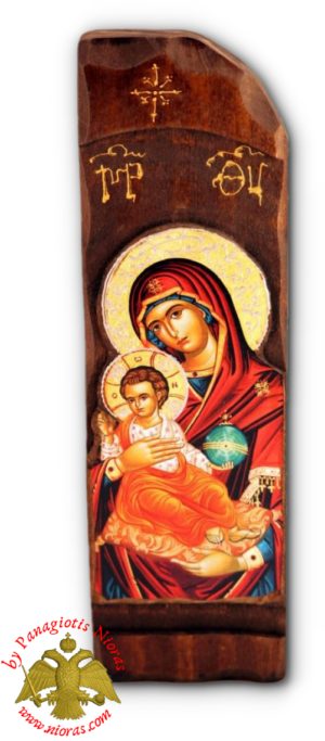 Antique Holy Theotokos with Christ Icon in Carved Shape Natural Wood