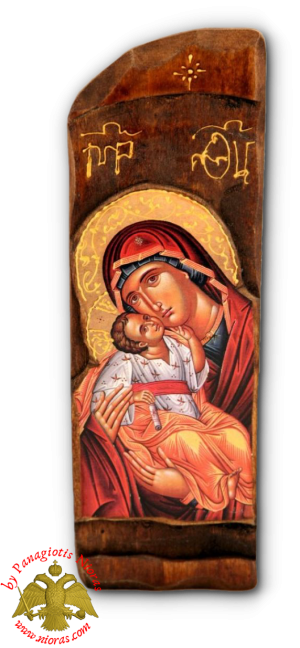 Antique Holy Theotokos Sweet Kissing Icon in Carved Shape Natural Wood