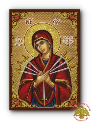 Russian Orthodox Theotokos Seven Swords Silver Printed Wooden Icon