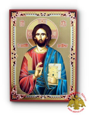 Russian Orthodox Christ Pantokrator Silver Printed Wooden Icon