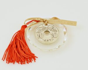Lucky Charm Wish Ribbon Greek Old Coin on Round Crystal