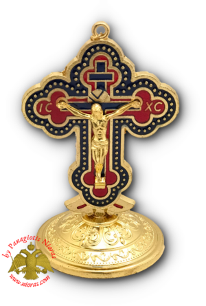 Metal Orthodox Standing Cross Blue Red 5x8.5cm