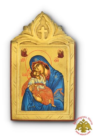 Byzantine Theotokos Icon on Carved Wood with Cross