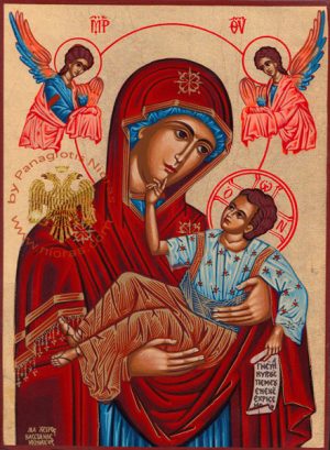Holy Virgin Mary Panagia Megaloxari With Angels Byzantine Wooden Icon on Canvas