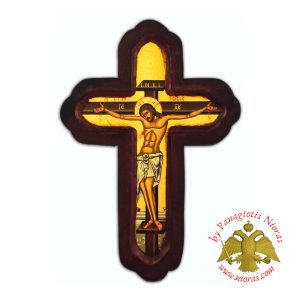 Byzantine Wooden Cross Carved Round Edges Brown 16x23cm