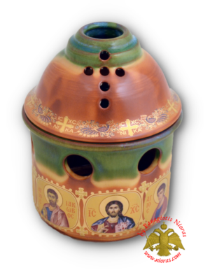 Porcelain Vigil Oil Candle Angel Style with Holy Icons Green Brown