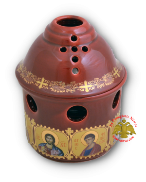 Porcelain Vigil Oil Candle Angel Style with Holy Icons Burqundy