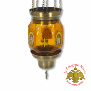 Vigil Oil Candle Hexagon Glass Fussing Amber with Sliding Down Metal Brass Mechanism for the Glass Cup