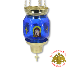 Vigil Oil Candle Hexagon Glass Fussing Blue with Sliding Down Metal Brass Mechanism for the Glass Cup