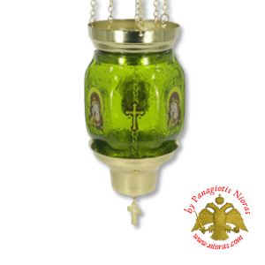 Vigil Oil Candle Hexagon Glass Fussing Green with Sliding Down Metal Brass Mechanism for the Glass Cup