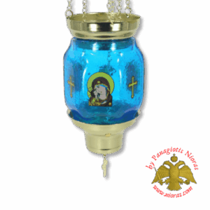 Vigil Oil Candle Hexagon Glass Fussing Light Blue with Sliding Down Metal Brass Mechanism for the Glass Cup