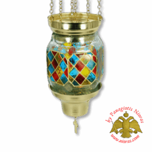 Vigil Oil Candle Hexagon Glass Fussing Stained Glass Gold with Sliding Down Metal Brass Mechanism for the Glass Cup