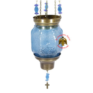 Vigil Oil Candle Hexagon Glass Fussing Light Blue with Sliding Down Metal Brass Mechanism for the Glass Cup