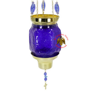Vigil Oil Candle Hexagon Glass Fussing Blue with Sliding Down Metal Brass Mechanism for the Glass Cup