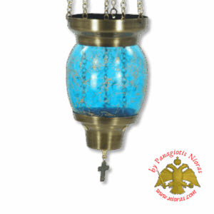 Vigil Oil Candle Hexagon Glass Fussing Light Blue with Sliding Down Metal Brass Mechanism for the Glass Cup