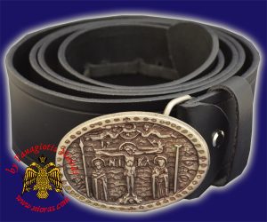 Monastic Orthodox Leather Belt with Metal Buckle with Crucifixion Nickel Antique
