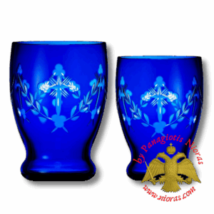 Ρουμάνικες Σκαλιστές Κούπες Γυάλινες με Βάση Μπλέ 7,6x11cm