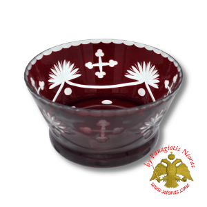 Orthodox Holy Water Bowl Cross Carved Glass in Red Clear Colour Made in Romania