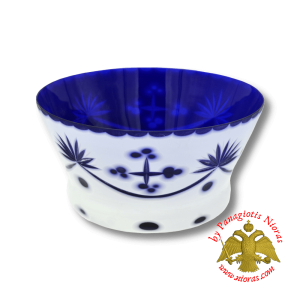 Orthodox Holy Water Bowl Cross Carved Glass in Blue White Colour Made in Romania