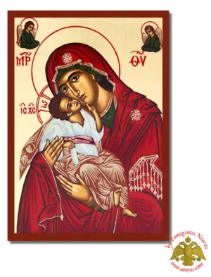 Holy Virgin Mary Glikofilousa Red Dress with Angels Byzantine Wooden Icon on Canvas