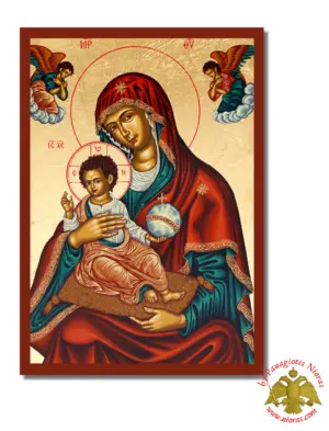 Holy Virgin Mary Mercifull of Corfu Red Dress Byzantine Wooden Icon on Canvas