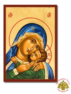Holy Virgin Mary Mersiful Blue Detail Byzantine Wooden Icon on Canvas