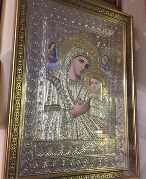Orthodox Church Holy Icon of Theotokos Angels Panagia with Glass Wooden Frame