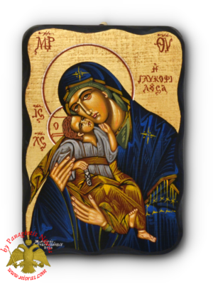 Εικόνα Αγιογραφία Παναγία Γλυκοφιλουσα σε Φυσικό Ακανόνιστο Ξύλο 14x20cm