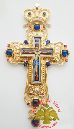 Orthodox Christ Pectoral Cross Brass Gold Plated with Semi Precious Stones 8x16cm - 326