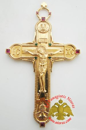 Orthodox Christ Pectoral Cross Brass Gold Plated with Semi Precious Stones 8x14cm - 334