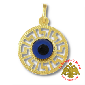 Gold Round Pendant with Meander 14mm and Evil Eye 6mm K14