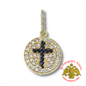 Gold Round Pendant Cross with Zircons 12mm K14
