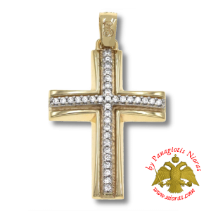 Gold Cross Pendant with Zircon 28x20mm K14