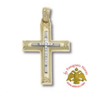 Gold Cross Pendant Satin Finish with Zircon 28x20mm K14