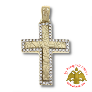 Μενταγιόν Χρυσό Σταυρός Σαγρέ με Ζιργκόν 25x18mm K14