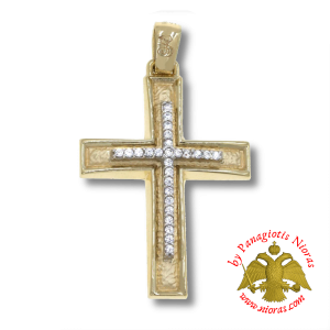 Gold Pendant Cross Textured with Zircon 28x20mm K14