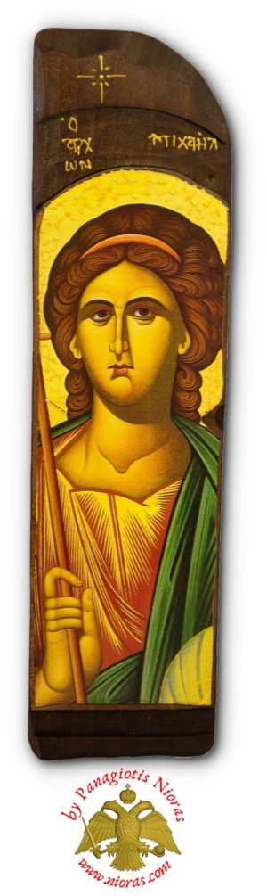 Antique Style Archangel Michail Detail Icon in Rectangular Shape on Natural Wood