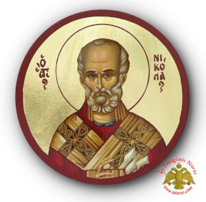 Στρογκυλή Ξύλινη Εικόνα του Αγίου Νικολάου με φυλλο χρυσου 15cm