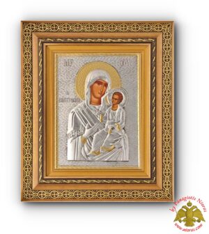 Orthodox Holy Icon Panagia Giatrissa  with Cross Details in a Wooden Frame with Glass