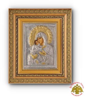 Orthodox Holy Icon Panagia Glikofilousa  with Cross Details in a Wooden Frame with Glass