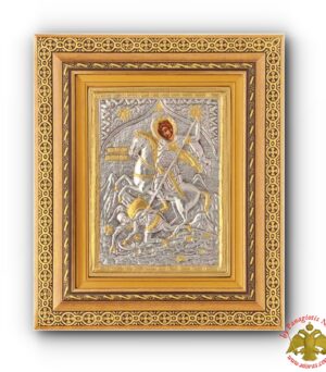 Orthodox Holy Icon Saint Dimitrios with Cross Details in a Wooden Frame with Glass