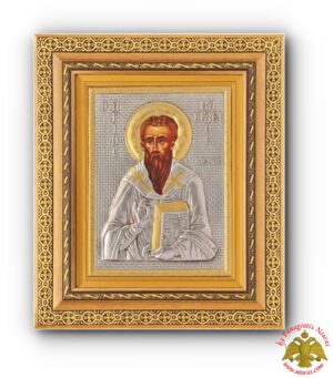 Orthodox Holy Icon Saint Vasileios with Cross Details in a Wooden Frame with Glass