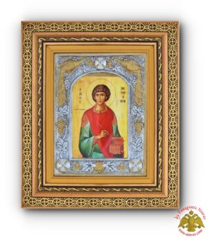 Orthodox Holy Icon Saint Panteleimon with Cross Details in a Wooden Frame with Glass
