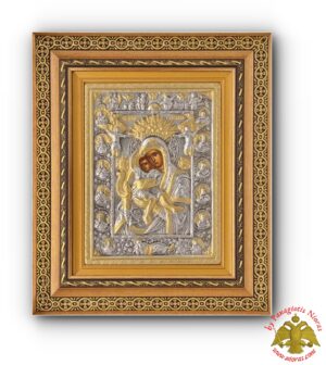 Χειροποιήτη Επάργυρη Εικόνα Παναγία Άξιον Εστί σε Κορνίζα Τζάμι