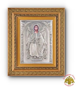 Χειροποιήτη Επάργυρη Εικόνα Χριστός 'Ενθρονος σε Κορνίζα Τζάμι