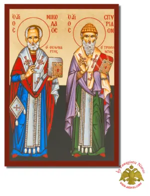 Τhe Saints Spyridon and Nicholas Byzantine Wooden Icon on Canvas