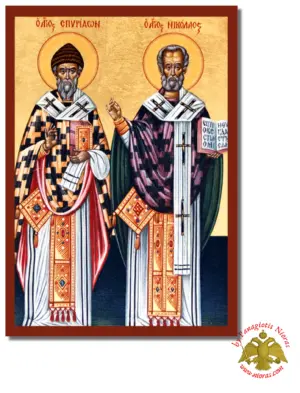 The Saints Spyridon and Nicholas Byzantine Wooden Icon on Canvas
